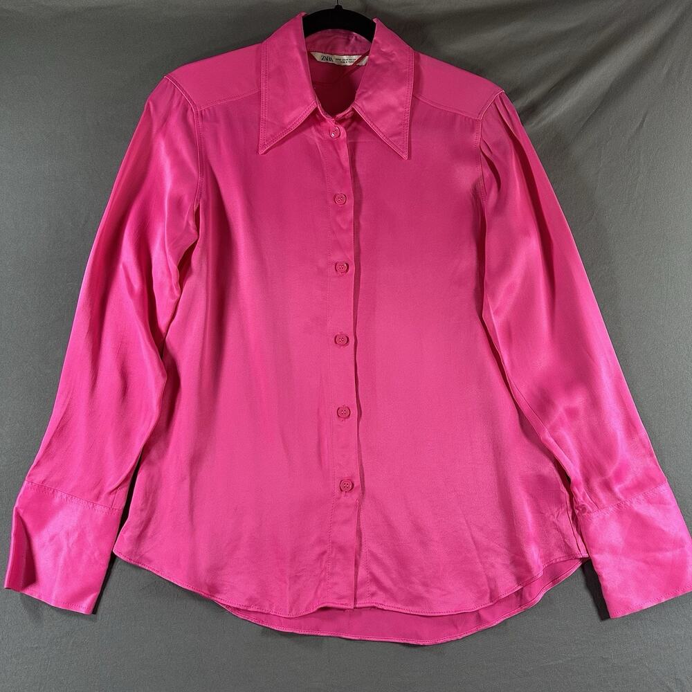 Zara Pink Satin Collared Button Blouse Long Sleeve Women’s M